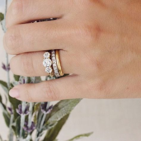 How pretty is this mixed metals 3 stone wedding set!!? #goals #dreamy #friyay Mixed Metal Wedding Rings, Mixed Metals Wedding, Rings Sets, Original Engagement Rings, Wedding Ring Styles, Three Stone Engagement, Wedding Rings Unique, Wedding Rings Vintage, Three Stone Engagement Rings