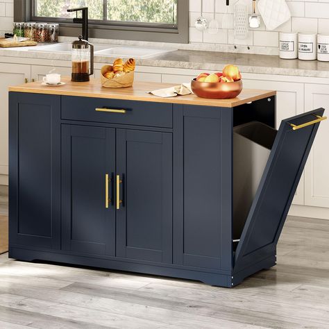 PRICES MAY VARY. No Fabric Tilt Out Trash Can Cabinet - The garbage bin storage cabinet is a great addition to your kitchen island. It can house a 13-gallon trash can (not included), preventing the spread of odors and keeping your kitchen & dining room fresher and cleaner Spacious Storage Space - Including 2 drawers for storing utensils, dinnerware and so on, as well as 3 side open shelves for spices. The height-adjustable shelf inside of cabinet doors accommodates various kitchen items Lockable Kitchen Island With Garbage Can, Kitchen Island With Trash, Can Cabinet, Trash Can Storage, Island Storage, Kitchen Island Storage, Trash Can Cabinet, Island Cart, Kitchen Storage Cart