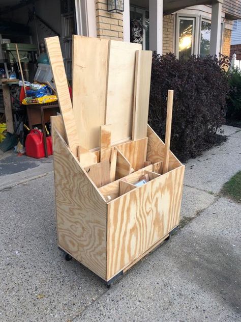 Storage Bins Diy, Wood Bin, Wood Cart, Wood Storage Rack, Lumber Rack, Lumber Storage, Scrap Wood Crafts, Wood Store, Wood Scraps