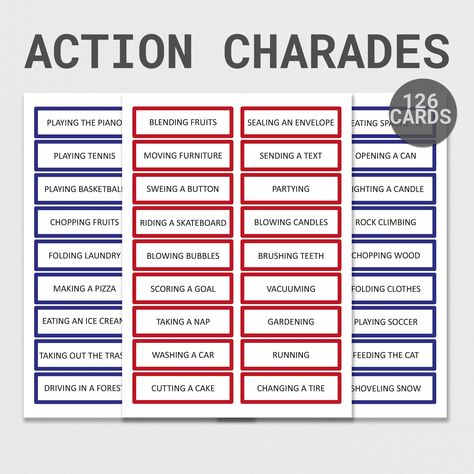 Printable Charades Game | Family Charades Game | Printable Charades For Kids and Adults | Family Game Night | Group Acting Game | Group Game Family Charades, Acting Games, Charades For Kids, Charades Game, Verbal Communication, Non Verbal, Group Games, Game Printable, Family Game