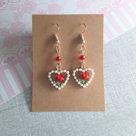 These Earrings Were Handmade With Love Cute Accessory To Pair With A Cottagecore Outfit This Piece Includes Details Like A Heart Rose Pendant With A Cute Pearl Border And Red Glass Beads. The Earrings Are Gold Perfect Gift Or Accessory For Valentine's Day Pearl Border, Cottagecore Outfit, Mom Earrings, Wire Wrapped Jewelry Tutorials, Korean Earrings, Valentines Earrings, Heart Rose, Rose Heart, Rosé Heart