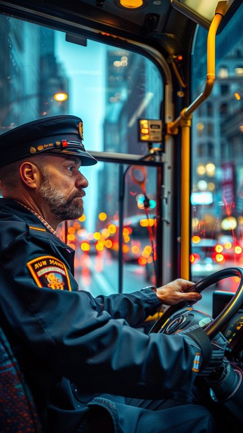 Focused Bus Driver: A dedicated bus driver attentively navigates the city streets amidst the evening's vibrant lights. #bus #driver #uniform #city #lights #aiart #aiphoto #stockcake ⬇️ Download and 📝 Prompt 👉 https://ayr.app/l/e9Pz Driver Uniform, Bus Transportation, Bus Driver, Creative Words, City Streets, City Lights, Free Photos, Free Stock Photos, The City