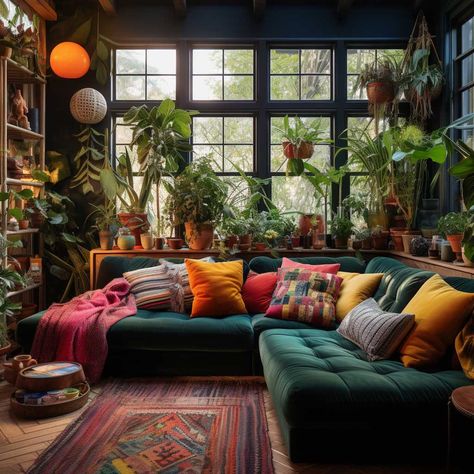 Dark Green Eclectic Living Room, Big Green Couch Living Room, Boho Green Couch Living Room, Green Sofa Colourful Living Room, Living Room Emerald Green Couch, Jade Sofa Living Room, Eclectic Lounge Room Ideas, Green Couch Ideas Living Room, Dark Green Couch Living Room Ideas Boho