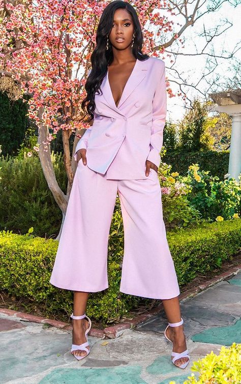 Suits | Women's Suits | Trouser Suit | PrettyLittleThing Pastel Monochrome Outfit, High Waisted Culottes, Shirred Dress, Monochrome Fashion, Split Dress, Ruffle Hem Dress, Oversized Blazer, Colorblock Dress, Dress Picture