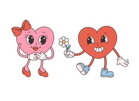 Trendy retro cartoon heart characters. Groovy style, vintage, 70s 60s aesthetics. Valentines day, falling in love. Valentine Cartoon Characters, Valentines Day Vintage Aesthetic, 70s Valentines Day Aesthetic, Valentines Day Characters, 60s Illustration, Tk Ideas, 60s Cartoons, Valentine Cartoon, 70s Cartoons