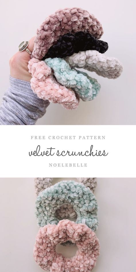 Free Velvet Scrunchies Crochet Pattern. These scrunchies are so soft and beautiful, plus they’re quick and easy to make! Crochet Scrunchies With Beads, Crochet Velvet Scrunchie Pattern Free, Crochet Hair Clip Pattern Free, Crochet Hair Scrunchies Free Pattern, Crochet Scoodie, Scrunchies Crochet, Scrunchie Pattern, Yarn Projects Crochet, Diy Scrunchie