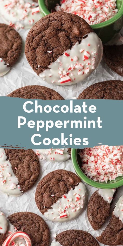 Soft and chewy chocolate peppermint cookies are dipped in white chocolate and sprinkled with crushed candy canes for an extra festive presentation. The cookie dough is also flavored with peppermint extract for twice the peppermint flavor! Cookies Dipped In White Chocolate, Peppermint Christmas Cookies, Live Well Bake Often, Chocolate Covered Strawberry Recipe, Chocolate Peppermint Cookies, Winter Dessert Recipes, Peppermint Extract, Chocolate Cookie Dough, Bake Goods