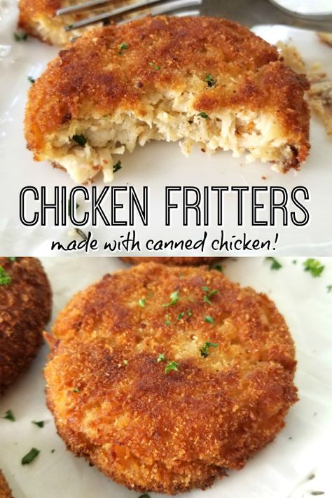 Crispy Chicken Fritters! A simple 5-ingredient recipe for crispy chicken fritters or croquettes made with all-white canned chicken. Easily shape into smaller portions for kid-friendly homemade chicken nuggets. #chickenfritters #cannedchicken Garlic Chicken Fritters, Keto With Canned Chicken, Leftover Chicken Patties, Chicken From A Can Recipes, Recipes Made With Canned Chicken, Chicken Patties Recipes With Canned Chicken, The Best Chicken Burgers, Canned Chicken Snack Recipes, Can Of Chicken Recipes Meals