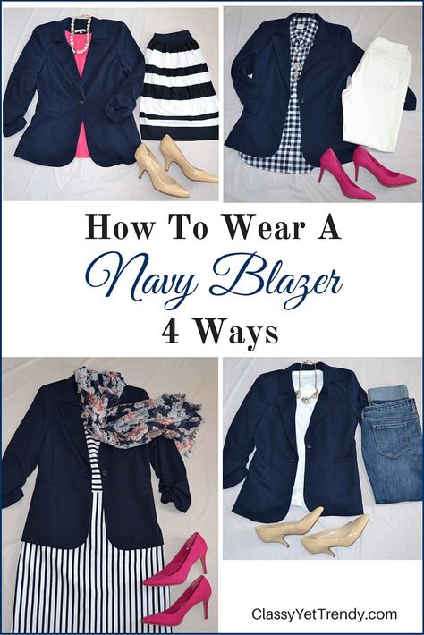 4 Ways To Wear A Navy Blazer                                                                                                                                                      More How To Wear Navy Blazer, Shoes To Wear With Navy Pants, How To Style A Navy Blazer, How To Wear A Blazer, How To Style A Blazer With Jeans, Navy Blazer Outfit, Blue Blazer Outfits For Women, Navy Blue Blazer Outfit, Navy Blazer Outfits