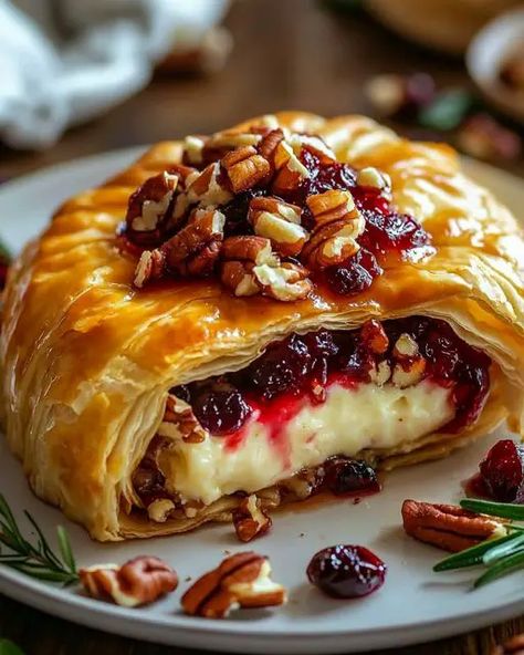 Cranberry Pecan Brie Wrapped in Flaky Puff Pastry - Miarecipes Cranberry Pecan Brie, Baked Brie Puff Pastry, Pecan Brie, Lobster Cream Sauce, Brie Cranberry, Brie Puff Pastry, Cranberry Brie, Festive Appetizers, Brie Recipes