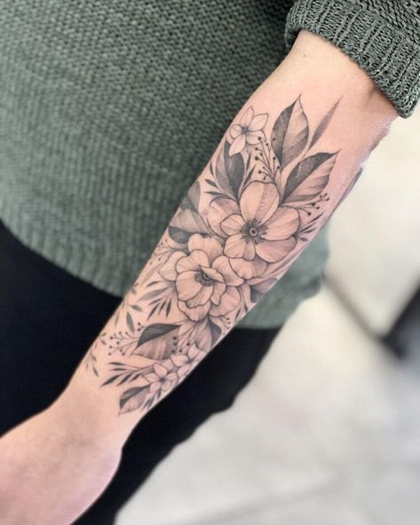 Poppy Flower Tattoo Forearm, Poppy Half Sleeve Tattoo, Poppy Arm Tattoos For Women, Bouquet Sleeve Tattoo, Poppy Sleeve Tattoos For Women, Poppy Sleeve Tattoo, Large Forearm Tattoo, Front Forearm Tattoo Women, Poppy Bouquet Tattoo