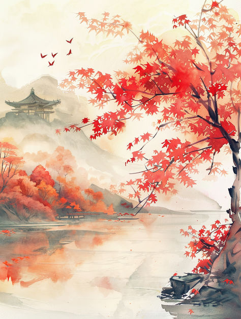 Watercolor painting of a serene Japanese landscape with a striking red Japanese maple tree, calm waters, and a distant pagoda, capturing the tranquil beauty of nature. Japanese Maple Watercolor, Japanese Watercolor Landscape, Japanese Nature Painting, Acrylic Japanese Painting, Japanese Style Painting, Japanese Landscape Painting, Watercolor Scenery Painting, Tree Tattoo Art, Scenery Watercolor