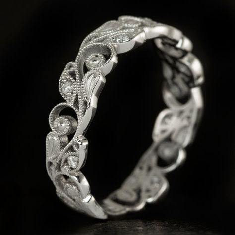 Featured here is a gorgeous diamond band made from solid 14 karat white gold! This beautiful ring is made with incredible details in the style of the Art Nouveau period. There is a stunning floral pattern with vintage imagery and exquisite detail. The vintage design is complimented Wide Diamond Rings, Filigree Rings, Platinum Engagement Rings Vintage, Gorgeous Wedding Bands, Filigree Wedding Band, Vintage Diamond Wedding Bands, Wedding Band Vintage, Antique Engagement Rings Vintage, Antique Wedding Rings