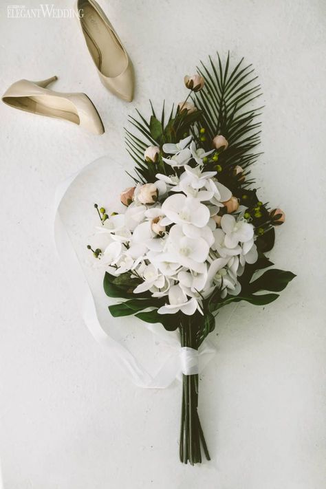 Modern Tropical Wedding, Tropical Bridal Bouquet, Tropical Wedding Bouquets, Tropical Wedding Theme, Beach Wedding Favors, Hawaiian Wedding, Modern Tropical, White Orchids, Wedding Flower Arrangements