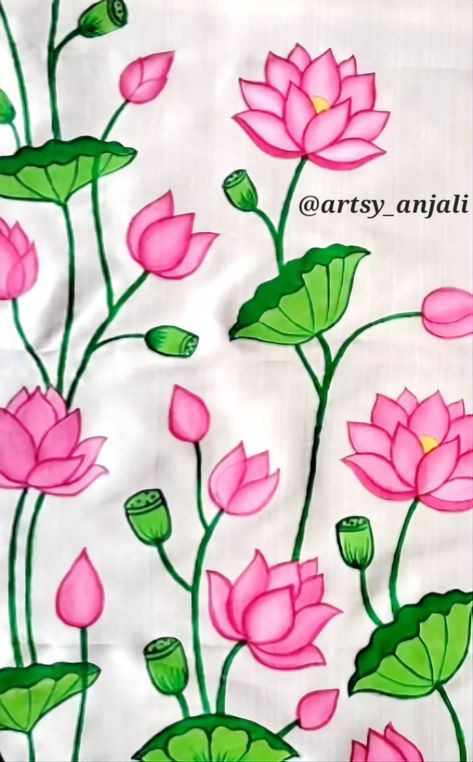 Lotus Saree, Fabric Colour Painting, Saree Painting Designs, Painting Flowers Tutorial, Fabric Paint Diy, Lotus Painting, Saree Painting, Fabric Painting Techniques, Fabric Painting On Clothes