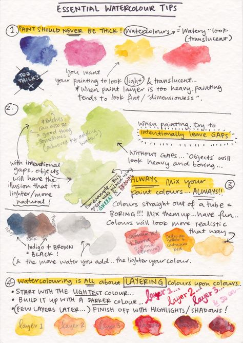 Scan an example handout for the kids so they can remember all of the tips and techniques Visual Painting, 그림 낙서, Watercolor Tips, Watercolor Painting Techniques, Seni Cat Air, Lukisan Cat Air, Watercolor Inspiration, Watercolour Tutorials, Watercolor Techniques