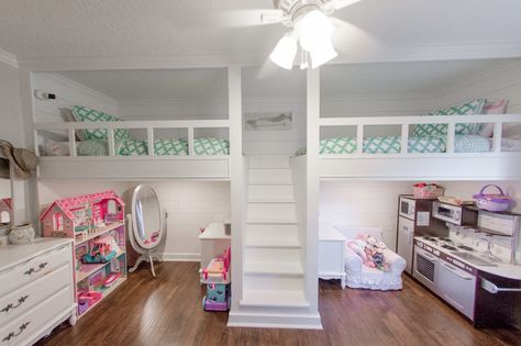 Loft Double Bed Ideas, Bunk Bed Layout Ideas, Loft Bed Shared Room, Loft Bed Layout Ideas, How To Split A Room Kids Shared Bedrooms, 2 Loft Beds In One Room, Girls Loft Bedroom, Adorable Nursery Ideas, Girls Room Bunk Beds