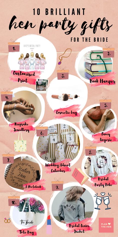 Looking for a gift for the bride-to-be or a bridal shower gift? It can be hard to know what to buy a bride. We've written a guide featuring the ten best hen party gifts for the bride.   Lots of these hen do gift ideas are perfect for all the hens to pitch in and club together to buy.   Choose the most memorable and thoughtful hen do gift for the next of your friends to get married.   #henparty #hendo #henpartygifts #hendogifts #bridalshowergifts #bridalshower Hen Do Gifts For Bride, Hen Party Gifts For Bride, Hen Do Gifts, Hen Ideas, Gifts For The Bride, Hen Party Gifts, Party Goodies, Hen Do, What To Buy