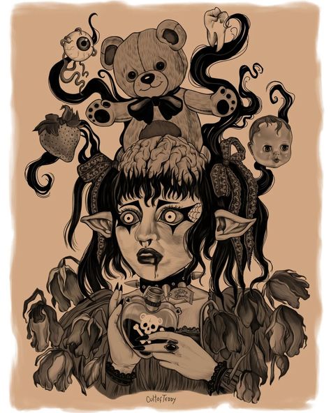 🖤🥀🧸{POISON}🧸🥀 🖤 teddy poison, do not drink 🦷 after 20 hours, i finished this piece. i'm so proud of the result that i could cry 🥹 been obsessed with this song and with trad goths, so i thought of making something related, in my own style. i really hope that you all like it 🐻 . . . . . #goth #darkart #horrorart #horrorillustration #spookyart #teddybear #digitalart #illustration #doodle #sketch #artist #spookyartist #gloomy #eerie #macabre Drawing Study, Illustration Doodle, Sketch Artist, Drawing Studies, Goth Art, Random Art, Doodle Sketch, Band Posters, Creepy Cute