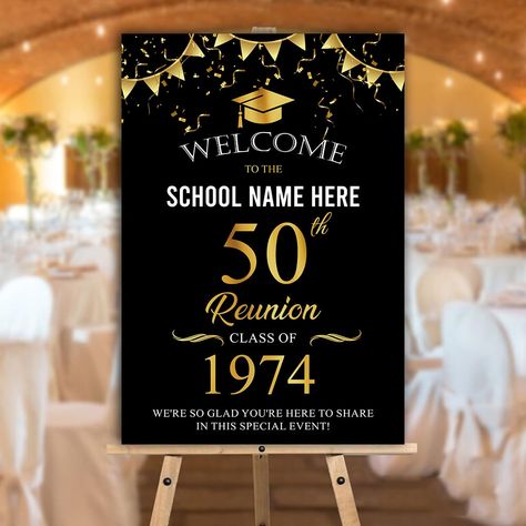 PRICES MAY VARY. "Customize Now" this Class Reunion sign Perfect For Class Reunion: This Class Reunion sign can be placed in the garden or on the day as you like, as a decorative item to make your graduation party more lively! ... Custom signs can be used indoors, outdoors, placed in front of the house Waterproof pvc Material: All Yard Signs Are Made of Waterproof PVC, So They Are Waterproof, Durable, and Wrinkle Resistant. They Are Capable of Being An Outdoor Welcome Sign and Long Term Use. Hig High School Reunion Decorations, Friends Reunion Party, Reunion Name Tags, School Reunion Decorations, 50th Class Reunion Ideas, Gold Table Decorations, Reunion Centerpieces, High School Class Reunion, Class Reunion Decorations