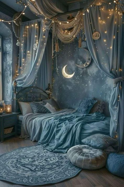 Lunar Bedroom Aesthetic, Space Themed Bedroom Aesthetic Modern, Druid Bedroom Aesthetic, Night Sky Room Aesthetic, Witchy Cottagecore Bedroom, Velaris Themed Bedroom, Small Comfy Bedroom Ideas, Whimsigoth Bed Canopy, Fae Bedroom Aesthetic