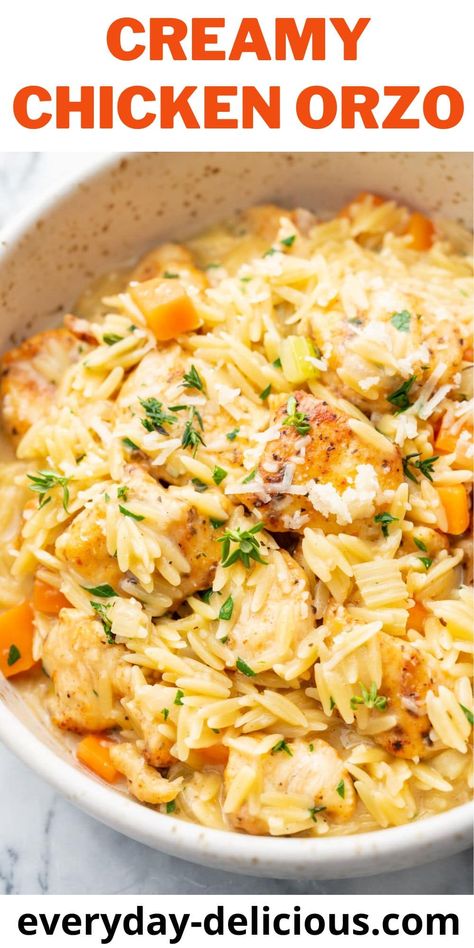 Creamy chicken orzo is a quick and family-friendly dinner. Juicy well-seasoned chicken with creamy orzo pasta make a really delicious dinner and comes together in just 30 minutes. Creamy Chicken Orzo, Chicken Orzo Pasta, Creamy Orzo Pasta, Creamy Orzo, Orzo Recipes, Chicken Orzo, Seasoned Chicken, Orzo Pasta, Chicken Main Dishes