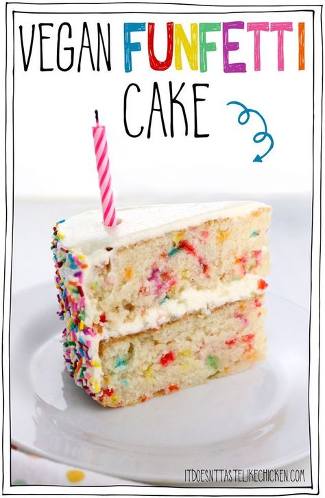 Vegan Funfetti Cake! Also called vegan confetti cake, is a delicious vanilla cake with sprinkles stirred into the batter to make spots of bright color throughout. Perfect for a vegan birthday cake! Deliciously moist and sweet, this rainbow cake is perfect Cake With Sprinkles, Vegan Birthday, Vegan Birthday Cake, Vegan Kids Recipes, Vegan Cakes, Vegan Cake Recipes, Confetti Cake, Cake Vegan, Funfetti Cake