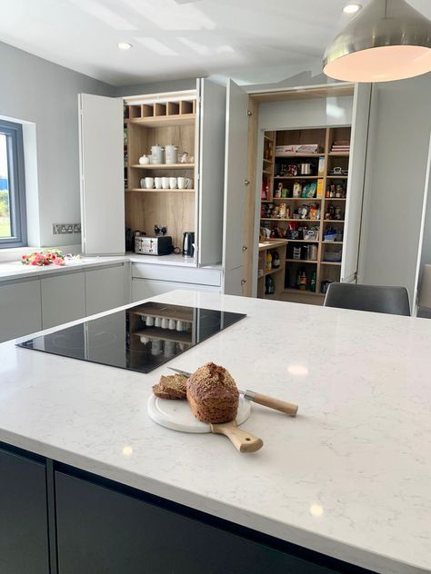 A practical breakfast station and hidden pantry in a Newhaven Kitchen Breakfast Station, Hidden Pantry, Handleless Kitchen, In Kitchen, Victorian Homes, House Inspiration, Modern Kitchen, Pantry, Luxury Homes