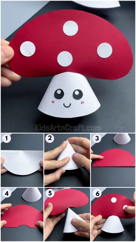 Easy Paper Mushroom Craft Step-by-Step Tutorial for Kids Check more at https://www.kidsartncraft.com/paper-mushroom-craft-tutorial/ 3d Mushroom Paper Craft, Paper Mushrooms Crafts, Mushroom Paper Craft, Toadstool Craft, Paper Plate Basket, 2nd Grade Crafts, Village Kids, Mushroom Crafts, Animal Crafts For Kids