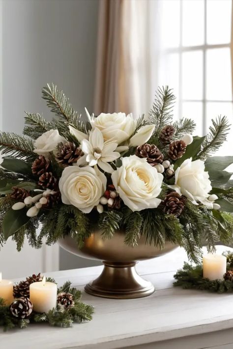 Bring natural elegance to your holiday decor with stunning winter floral displays. Explore combinations of flowers, greenery, and seasonal elements for sophisticated arrangements. Neutral Christmas Floral Arrangement, Winter Flowers Arrangements, Elegant Christmas Floral Arrangements, December Floral Arrangements, Christmas Fake Flower Arrangements, Winter Arrangements Floral Design, Winter Floral Arrangements Home, Christmas Flower Arrangements Ideas, Christmas Floral Arrangements Diy