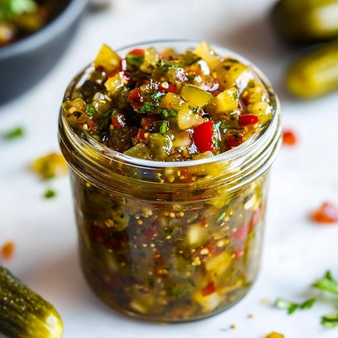 Sweet & Spicy Pickle Relish - Yeyfood.com: Recipes, cooking tips, and kitchen hacks for home cooks of all levels Cucumber Sweet Relish, Sweet And Spicy Pickle Relish, Sweet Heat Pickle Recipe, Pickle Food Recipes, Canning Pickles Recipe Spicy, Vegetable Pickle Recipes, Spicy Sweet Pickles Recipe, Pickle Jalapenos Recipe, Gherkins Pickles Recipes