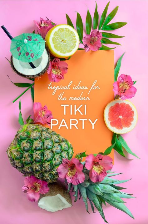 Tiki Party Ideas For Adults, Tropical Party Ideas For Adults, Tiki Themed Bachelorette Party, Tropical Adult Birthday Party, Tiki Birthday Party For Adults, Modern Hawaiian Party, Modern Luau Party, Luau 40th Birthday Party Ideas, Tropical Tea Party