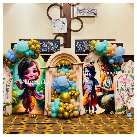 Krishna Theme Decor 🦚🕉️ Book Now : @decorty.in (9953805827) #krishnatheme #kanhaiyatheme #krishnathemedecor #krishnadecor #janmashtamidecor #birthdaydecor #kidsbirthdayparty #birthdaydecor #backdrop Mundan Ceremony, Cartoons Krishna, Stage Decoration, Stage Decorations, Shower Decorations, Baby Shower Decorations, Kids Birthday Party, Birthday Decorations, Decoration Ideas