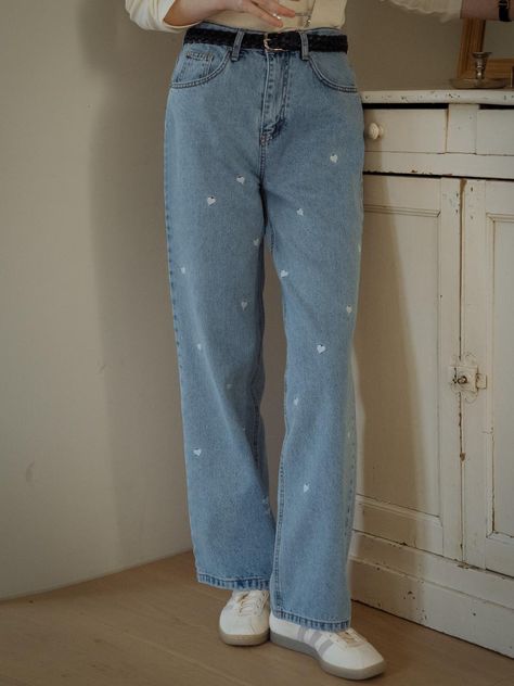 These are denim pants with heart embroidery on the front and back, giving a lovely mood. Made from 100% USA cotton fabric, it minimizes shrinkage so it can be worn for a long time, and features strong durability and vivid coloring. Washed in refreshing colors for the spring and summer seasons, it can be worn daily.- Create a casual mood with stitching- Pockets that match the overall silhouette- Leather patch with TILLIDIE logo engraved- Meticulous stitching and neat finishing Heart Jeans Outfit, Heart Jeans, Embroidery Denim, Jeans Outfit Women, Heart Embroidery, Dream Style, Leather Patches, Summer Season, Denim Pants