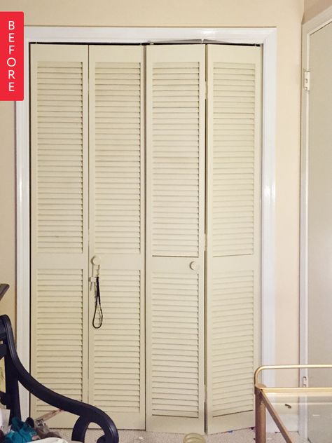 These blah shutter bi-fold doors appear in many a rental, and Jessica's was no exception. While she decorating her daughter's room, she had an idea to transform them into something a little more glam: Accordian Door, Bifold Doors Makeover, Modern Closet Doors, Folding Closet Doors, Accordion Doors, Closet Door Makeover, Red Front Door, Bifold Closet Doors, Modern Closet