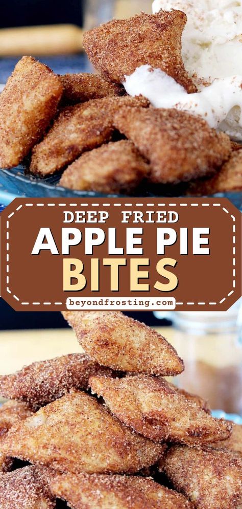 Here's an easy dessert idea that's bite-sized! It's a must-try fall baking recipe. With a gooey filling and a crispy cinnamon sugar coating, these Deep Fried Apple Pie Bites are delicious! Save this pin! Cinnamon Apple Pie Bites, Apple Cinnamon Crescent Rolls, Apple Pie Pockets, Fried Apple Pie, Pocket Pies, Easy Dessert Idea, Fried Apple, Fried Apple Pies, Cinnamon Apple Pie