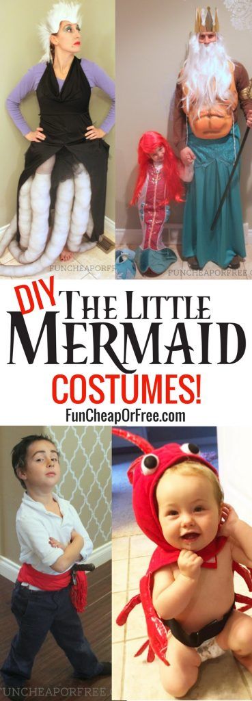 Cutest DIY Little Mermaid costumes EVER! Easy Family Costumes, Cute Family Costumes, Little Mermaid Family Costume, Diy Little Mermaid Costume, Ursula Costume Diy, King Triton Costume, Flounder Costume, Disney Cosplay Ideas, Ariel Ursula