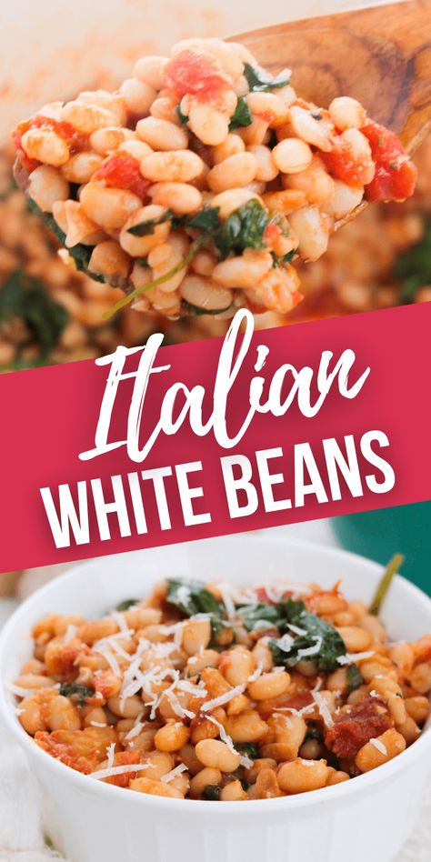 Italian White Beans are so tasty, even people who claim to be bean haters will be taken by surprise of how this dish is. White Bean Recipes Italian, Beans Tomato Recipe, Recipes With Northern White Beans, Recipes Using Canned White Beans, Tuscan Bean Skillet, Cannellini Bean Recipes Side Dishes, Large White Beans Recipes, Medeteranian Bean Recipes, Cannaneli Beans