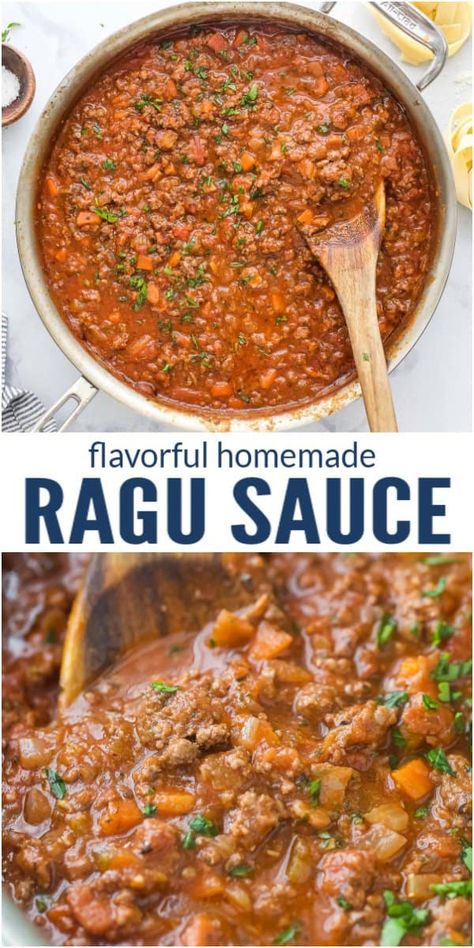 Ragu is by far one of the most flavorful sauces that you can put on pasta. Some take hours, but this Simple Ragu Sauce is ready in under 60 minutes! It has all of the traditional flavors you want from an Italian sauce - hearty beef, salty pork, rich tomato, herbs, umaimi flavor and toasted garlic. #pastasauce #ragu #ragurecipe #ragusauce #dinnerideas #beef recieps Tomato Ragu Sauce, Traditional Ragu Recipes, Red Wine Ragu, Sausage Ragu Pasta, Ragu Meat Sauce Recipe, Meat Pasta Sauce Recipes, Ragu Spaghetti Recipes, Pork Ragu Pasta, Homemade Ragu Sauce