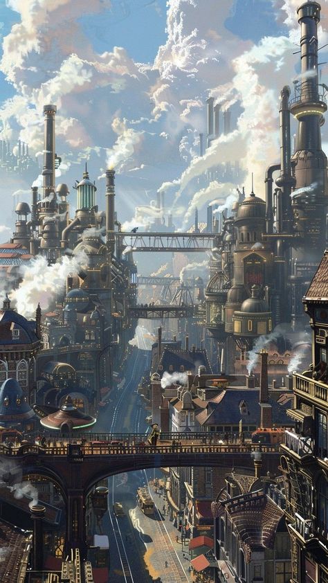 Steampunk Landscape Art, Modern Steampunk Aesthetic, High Fantasy City Concept Art, Fantasy Landscape City, Steampunk Town Concept Art, Victorian City Concept Art, Fantasy World Landscapes Cities, Cyberpunk World Aesthetic, Steam Punk Background