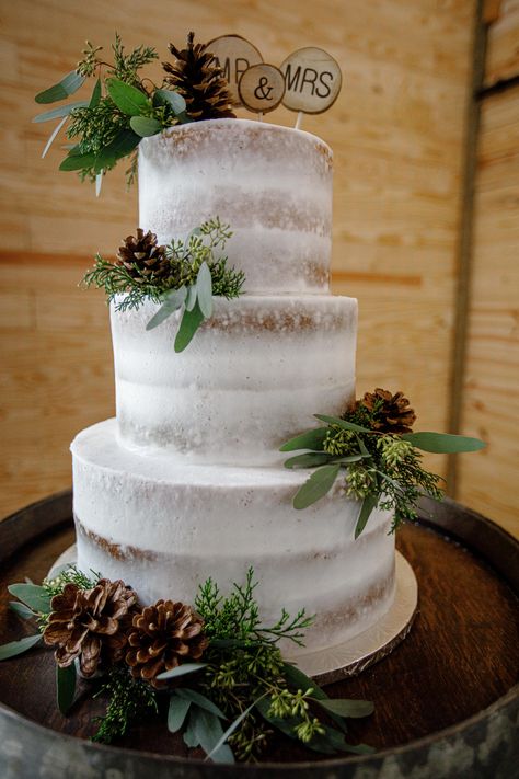 Enchanted Forest Wedding Cake Simple, Pinecone Wedding Cake, Wedding Cakes Forest Theme, Wedding Cake Outdoor Theme, Rustic Winter Wedding Cake, Wedding Cakes Forest, Forest Themed Wedding Cake, November Wedding Cake, Forest Green Wedding Cake