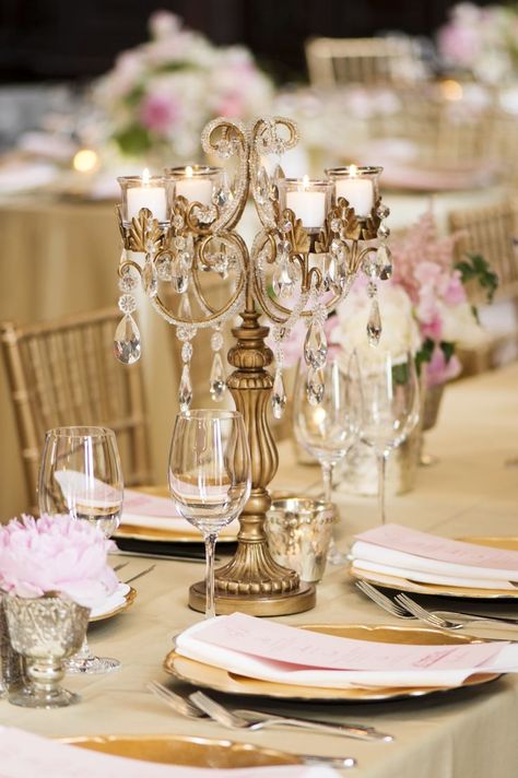 Such an elegant candelabra centerpiece #wedding #gold #blacktie #tablescape #reception Gold Candlestick Centerpiece, Gold Wedding Reception, Candlestick Centerpiece, Parisian Wedding, Gold Wedding Decorations, Connecticut Wedding, Mod Wedding, Wedding Table Centerpieces, Trendy Wedding