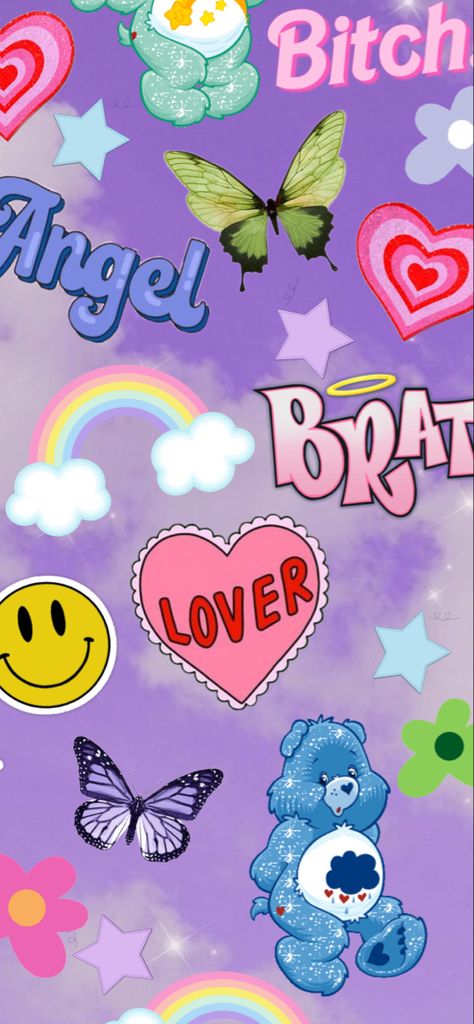 #oliviarodrigo #bratz #90s #sour #2000s #aesthetic #carebears #taylorswift #lover #rainbow #phone #wallpaper #background #iphonebackgrounds #iphonewallpapers #colorful #stars #flowers #butterflies #lockscreen Purple Carebear Aesthetic, Butterflies Lockscreen, 2005 Aesthetic Wallpaper, 90s Iphone Wallpaper, 2000s Background Aesthetic, 90s Lockscreen, Phone Backgrounds Y2k, Bratz Backgrounds, 2000s Lockscreen