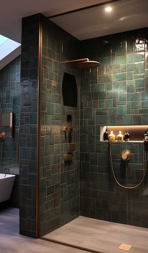 Copper And Chrome Bathroom, Jade And Gold Bathroom, Bathroom Vanity Fancy, Bathroom Remodel Ideas 2024, Natural Tile Bathroom, Green Toilet Room, Green Gold Bathroom, Emerald Green Bathroom, Baie Vintage