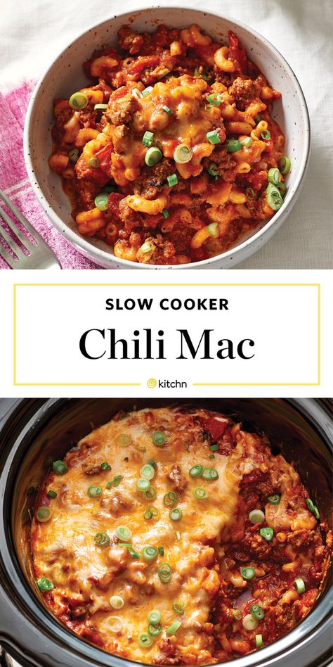 Slow Cooker Chili Mac and Cheese Recipe. Need recipes and ideas for comfort foods to make for weeknight dinners and meals? This is perfect for cold weather cooking in your crockpot. Easy to make and great for families. You'll need onions, ground beef, spices, canned diced tomatoes, kidney beans, tomato paste, beef broth, elbow macaroni noodles or pasta of choice, shredded cheddar and monterey jack cheese, scallions. Crockpot Recipes With Macaroni Noodles, Slow Cooker Elbow Pasta, Crockpot Recipes With Elbow Noodles, Elbow Macaroni Crockpot Recipes, Chilli Mac Recipe Slow Cooker, Chilli Mac And Cheese Crockpot, Ground Beef And Noodles Crockpot, Crockpot Elbow Pasta Recipes, Crockpot Cheddar Chili Mac