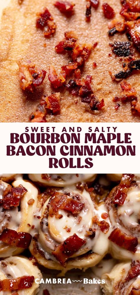 These bourbon maple bacon cinnamon rolls feature all of your breakfast favorites in one—maple syrup, crispy bacon, and homemade cinnamon rolls. Enjoy this sweet and salty treat for breakfast or dessert! Bourbon Maple Bacon Cinnamon Rolls, Maple Bacon Cinnamon Rolls Homemade, Maple Bacon Croissant, Bacon Cinnamon Rolls Pillsbury, Special Cinnamon Rolls, Cinnamon Roll Scones Recipe, S’mores Cinnamon Roll, Individual Cinnamon Rolls, Banana Nut Cinnamon Rolls