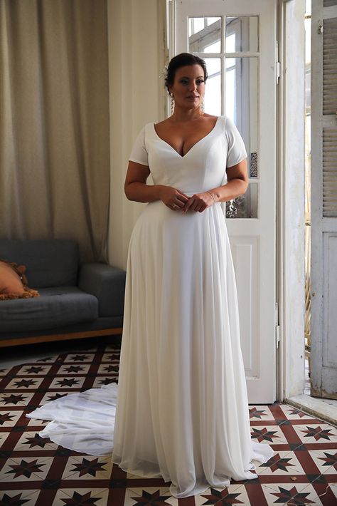 Ivory Petals- Plus size wedding gowns – Studio Levana – Couture Wedding Gowns Mid Size Women Wedding Dress, Plus Size Wedding Dresses Sleeveless, Wrap Wedding Dress Plus Size, Wedding Dress Midsize Model, Minimal Plus Size Wedding Dress, Midsize Wedding Dress A Line, Plus Size Satin Wedding Dress With Sleeves, Simple Plus Size Wedding Dress, Simple Curvy Wedding Dress