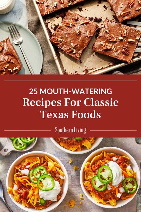 Get a taste of the Lone Star State with our best-ever recipes, including Chicken-Fried Steak, Texas Sheet Cake, Frito Pie, Texas Caviar, and, of course, Ranch Water. Here are our 25 favorite recipes for classic Texas foods. #texas #texasrecipes #southernrecipes #dinnerrecipes #homestyle Texas Dessert Recipes, Texas Thanksgiving, Texas Foods, Melted Cheese Dip, Texas Recipes, Ranch Water, Texas Caviar, Frito Pie, Texas Sheet