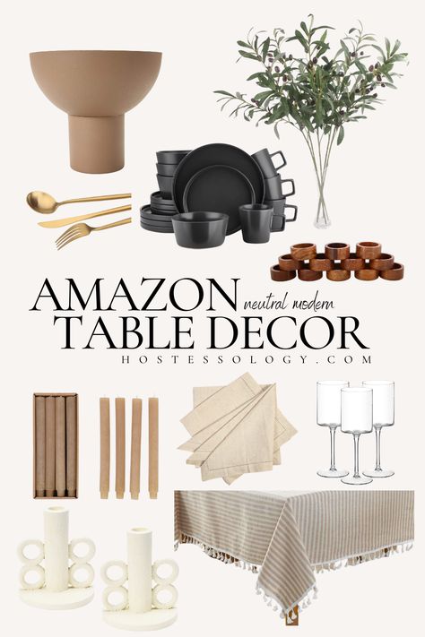 Modern neutral table decor finds from Amazon to get an affordable luxury aesthetic. | #modernneutral #tabledecor #moderntabledecor | minimalist centerpieces and tablescapes in earth tones Midcentury Modern Tablescape, Amazon Thanksgiving Table, Japandi Table Setting, Minimalist Centerpieces, Neutral Table Decor, Organic Table Setting, Dining Room Table Decor Centerpiece, Square Wine Glasses, Midcentury Modern Kitchen Table