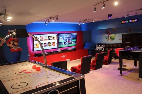 Arcade Basement Ideas, Fun Basement Ideas For Teenagers, Two Tvs In One Room Ideas, Basement Gaming Room, Arcade Room In House, Gaming Basement, Game Room Ideas Family, Dream Game Room, Vacation Home Ideas